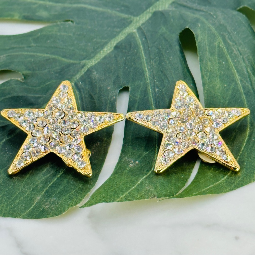 Vintage Huge Rhinestone Star Earrings 80s Clip On Gold Bling Sparkle Cos… - Picture 4 of 10